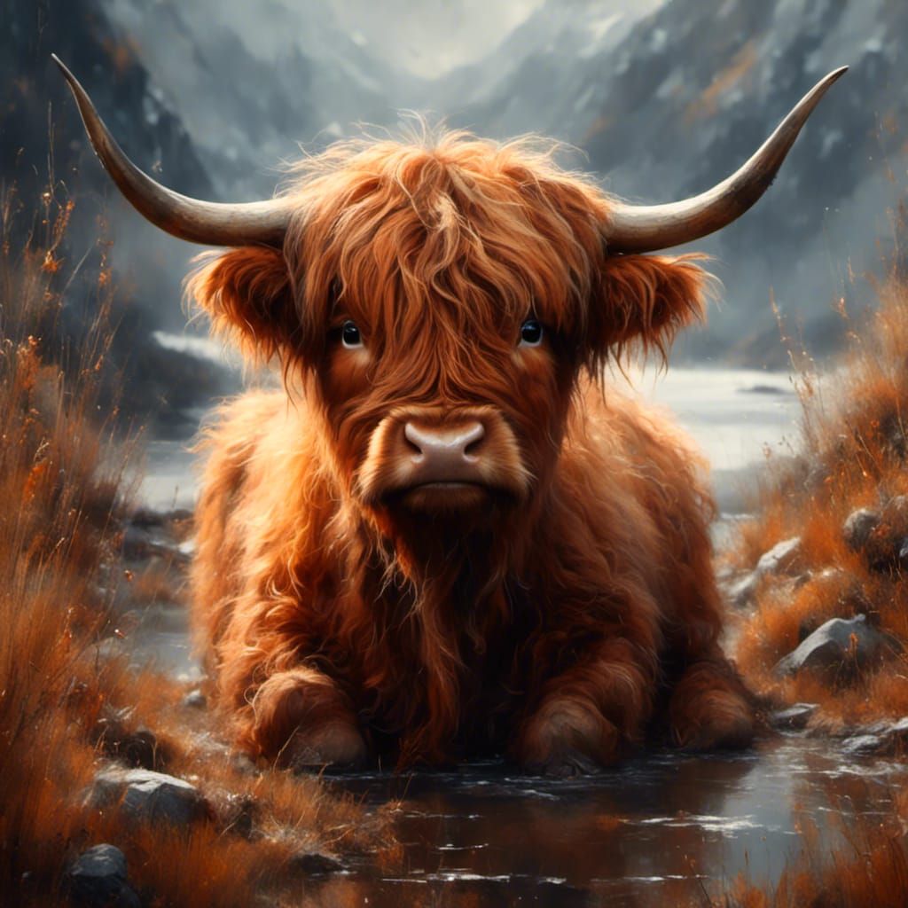 Highland Cow Portrait in Oil Painting Style