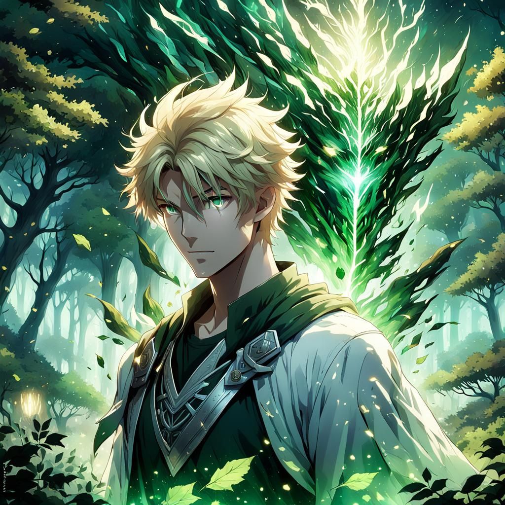 Anime Blond Man in Luminous Forest
