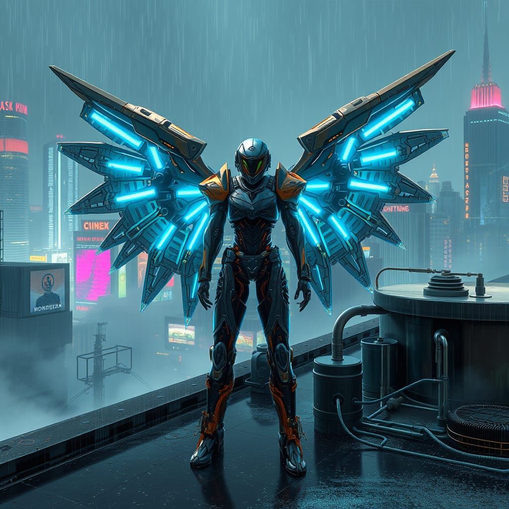 Cyberpunk Exosuit with Mechanical Wings on Neon Rooftop