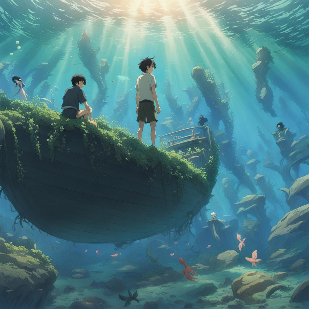 Shipwrecked Man and Mermaids in Anime Style