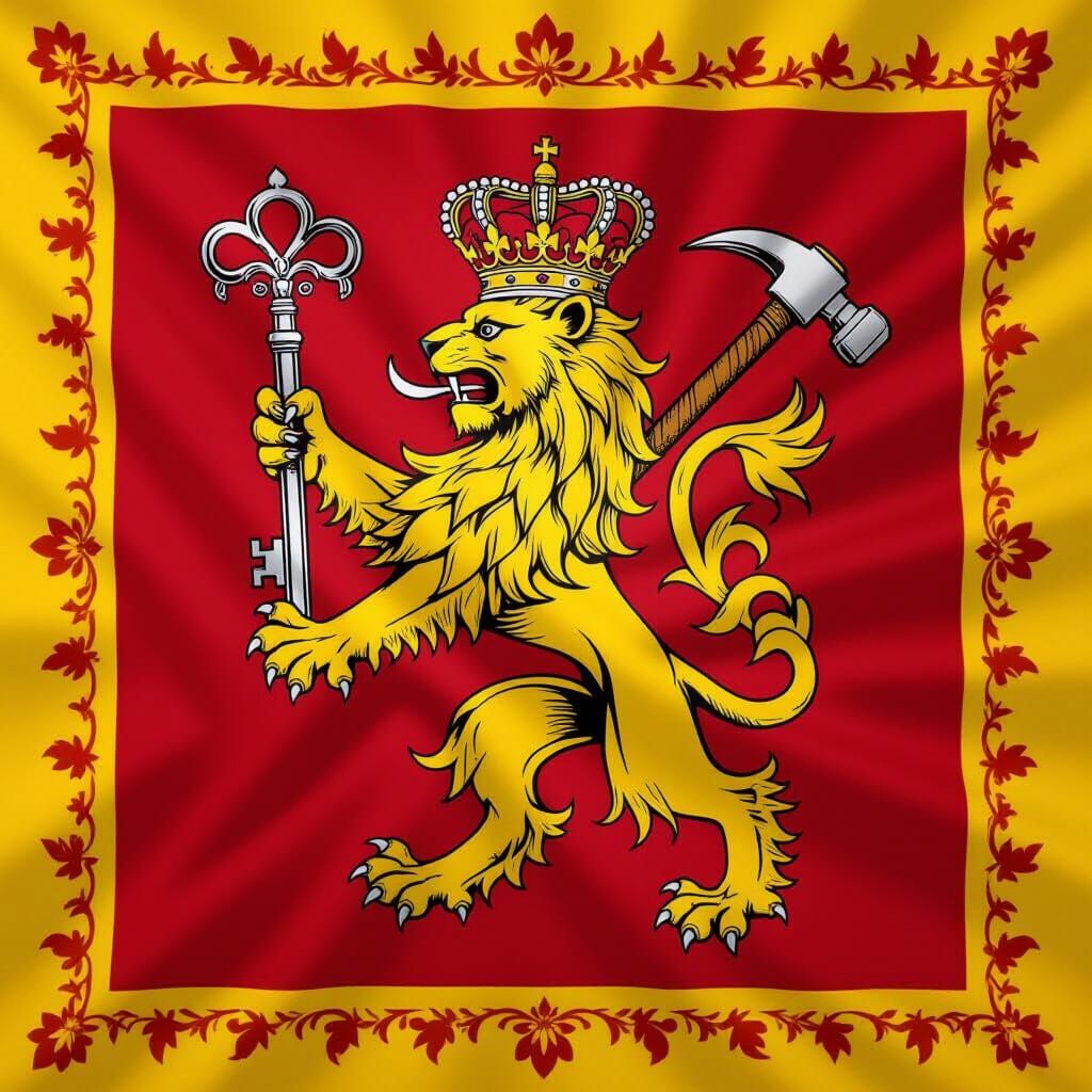 Yellow Lion Flag on Red Field with Key and Hammer