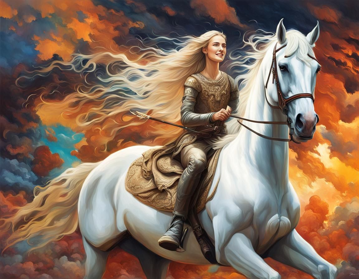 Lady Godiva on White Horse in Nature
