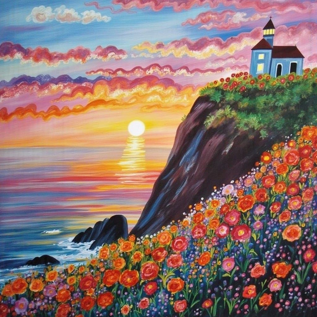 Luminous Coastal Scene in Whimsical Style
