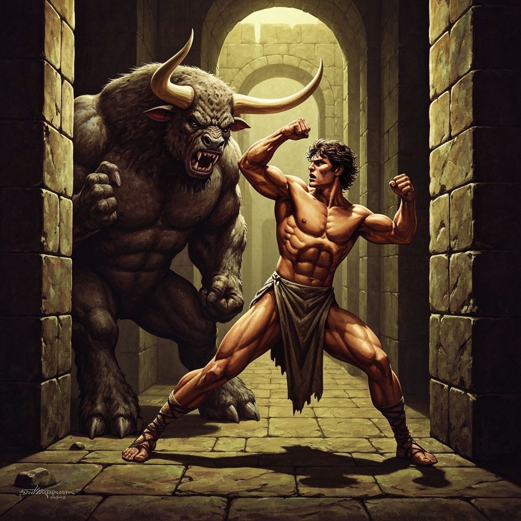 Theseus Battles Minotaur in Shadowy Labyrinth