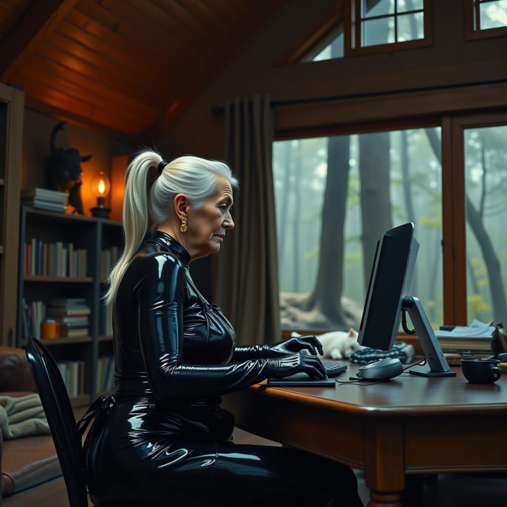 Elegant Woman in PVC Bodysuit Working at Computer