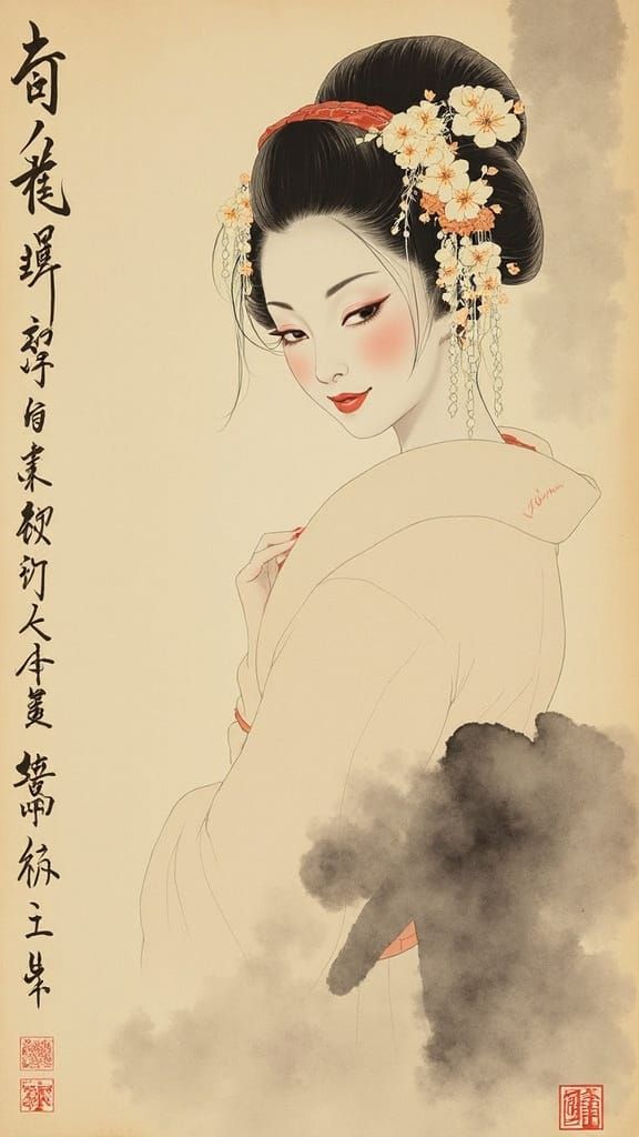 Elegant Geisha in Japanese Ink Painting Style