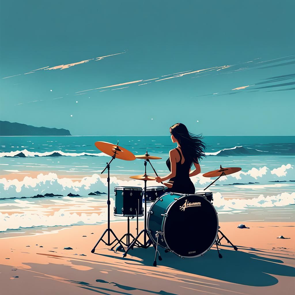 drummer girl by the sea coast. effulgent, glazing, illustrat...