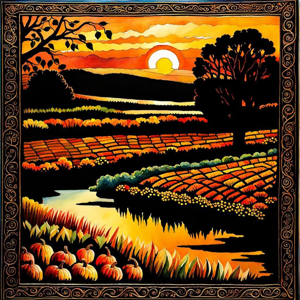Fall Harvest Landscape in Gouache Style