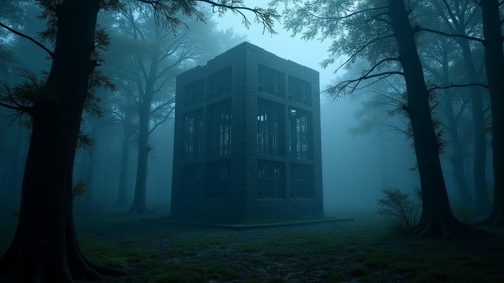 Mystical Forest Clearing with Stone Cube in 3D