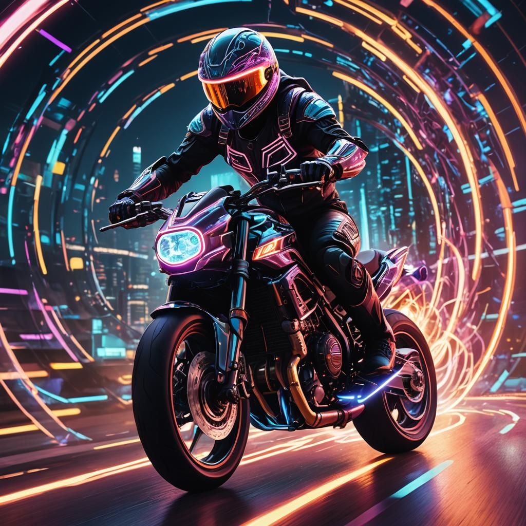 Quantum Futuristic Motorcycle Rider in Wormhole