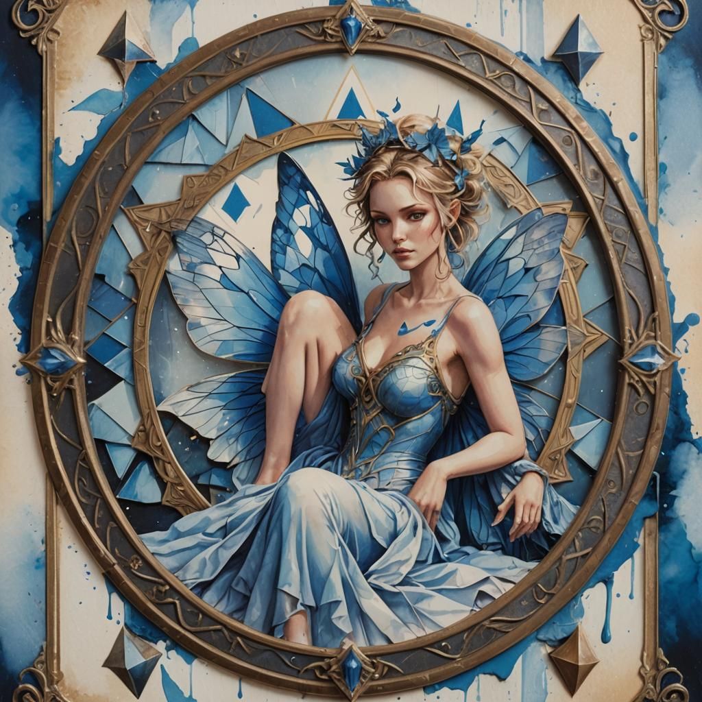 Blue Fairy Oracle Card in Glitch Art Style
