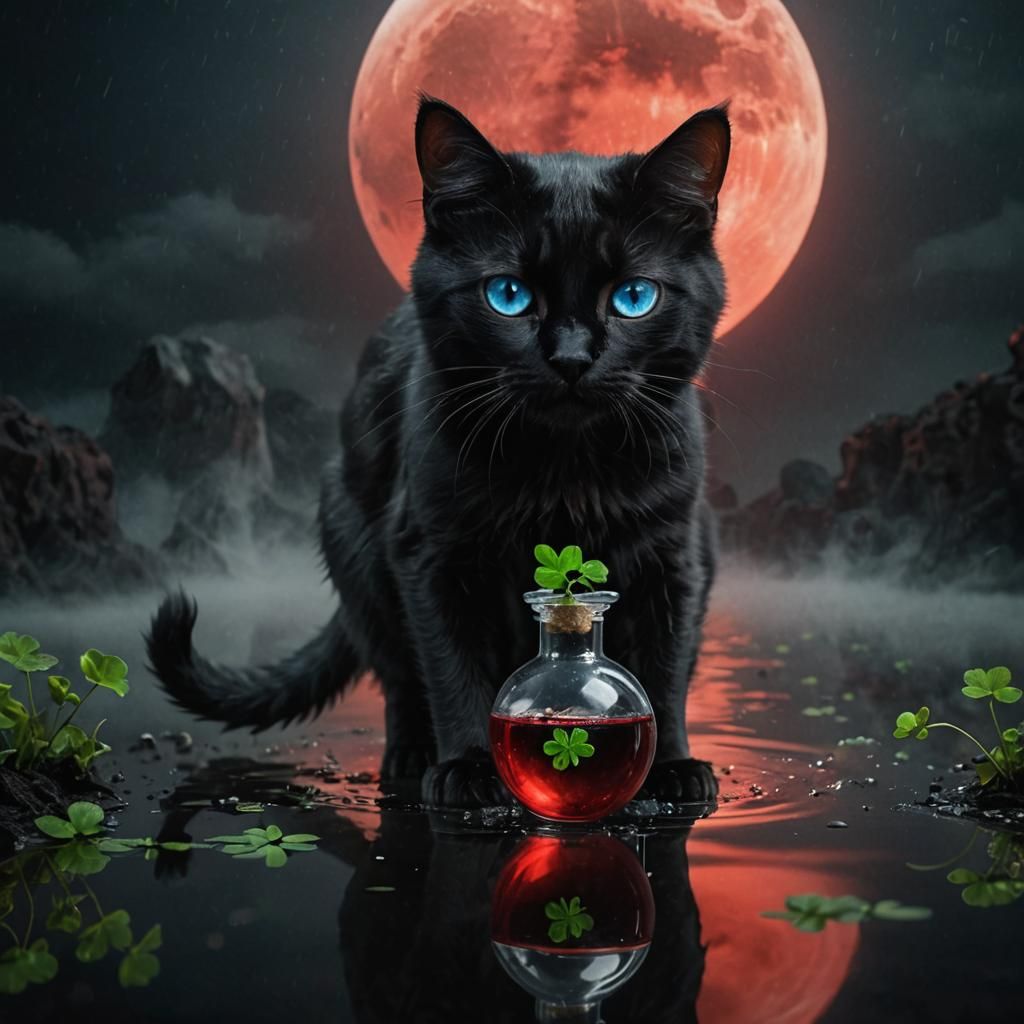 Adorable Black Cat with Clover, Cinematic Photography