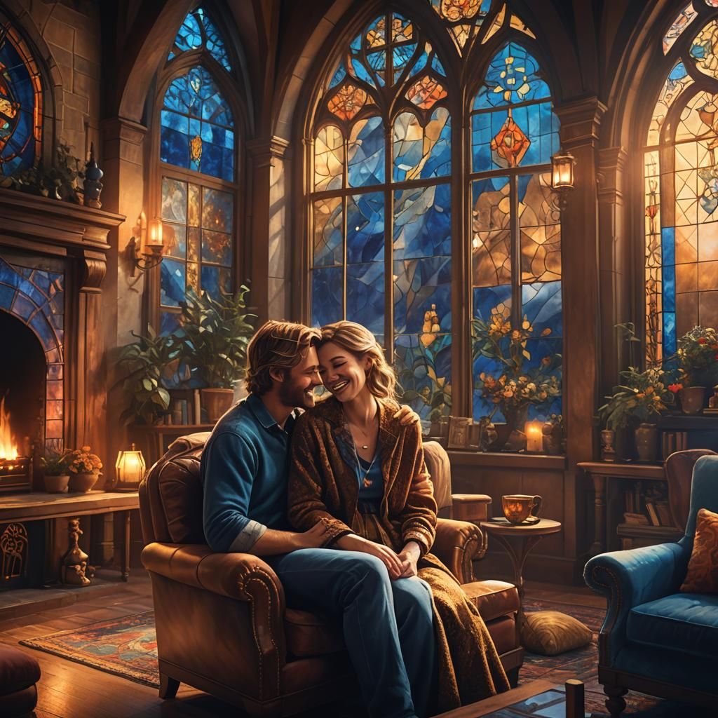 Cozy Couple in a Warm Fantasy Living Room