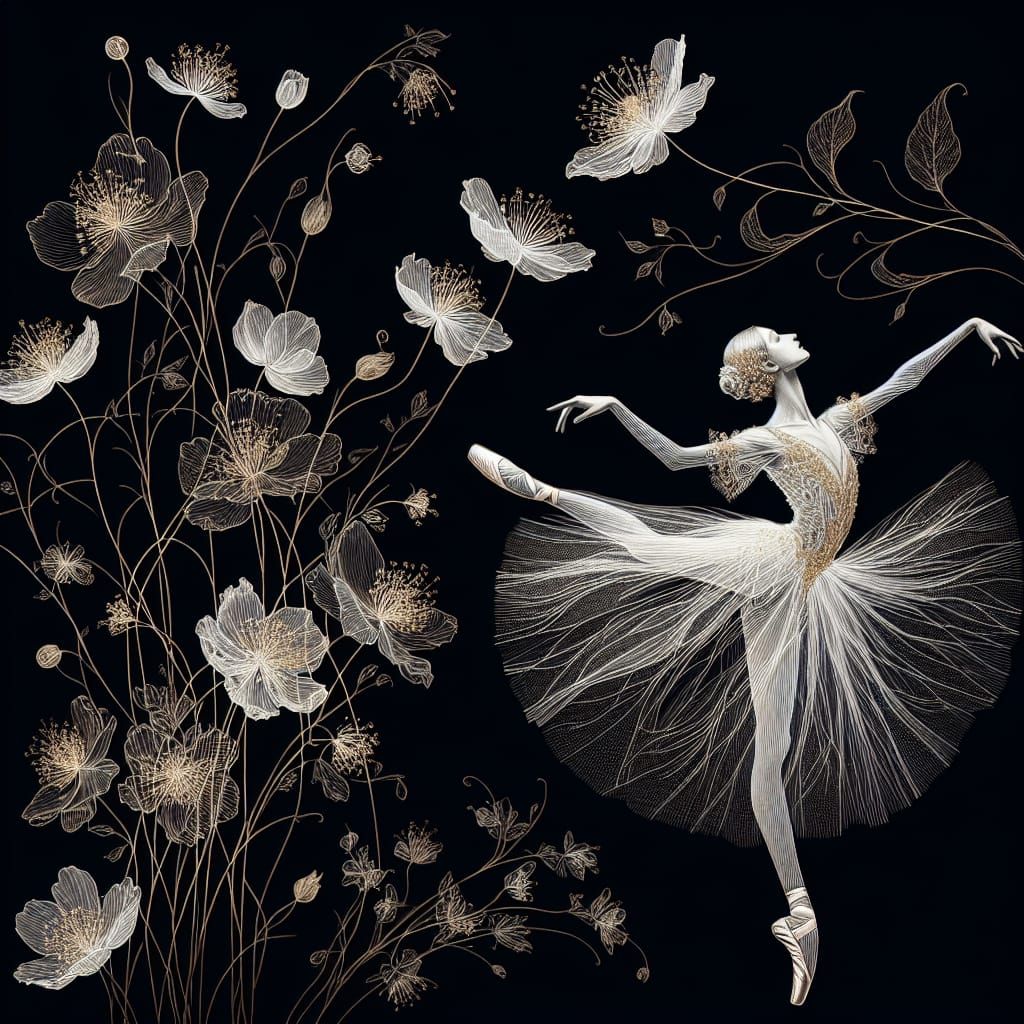Ballerina in Floral Transparency, Digital Art Style