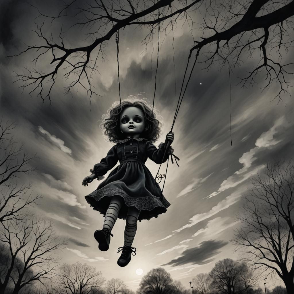 Eerie Doll Swings at Park: Charcoal Drawing