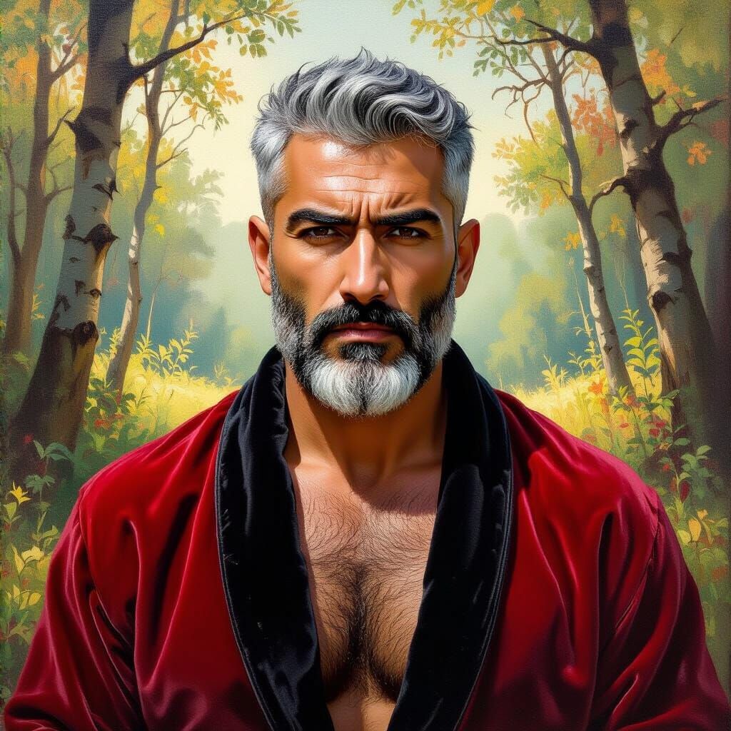 Fierce Man in Bathrobe, Impasto Oil Painting