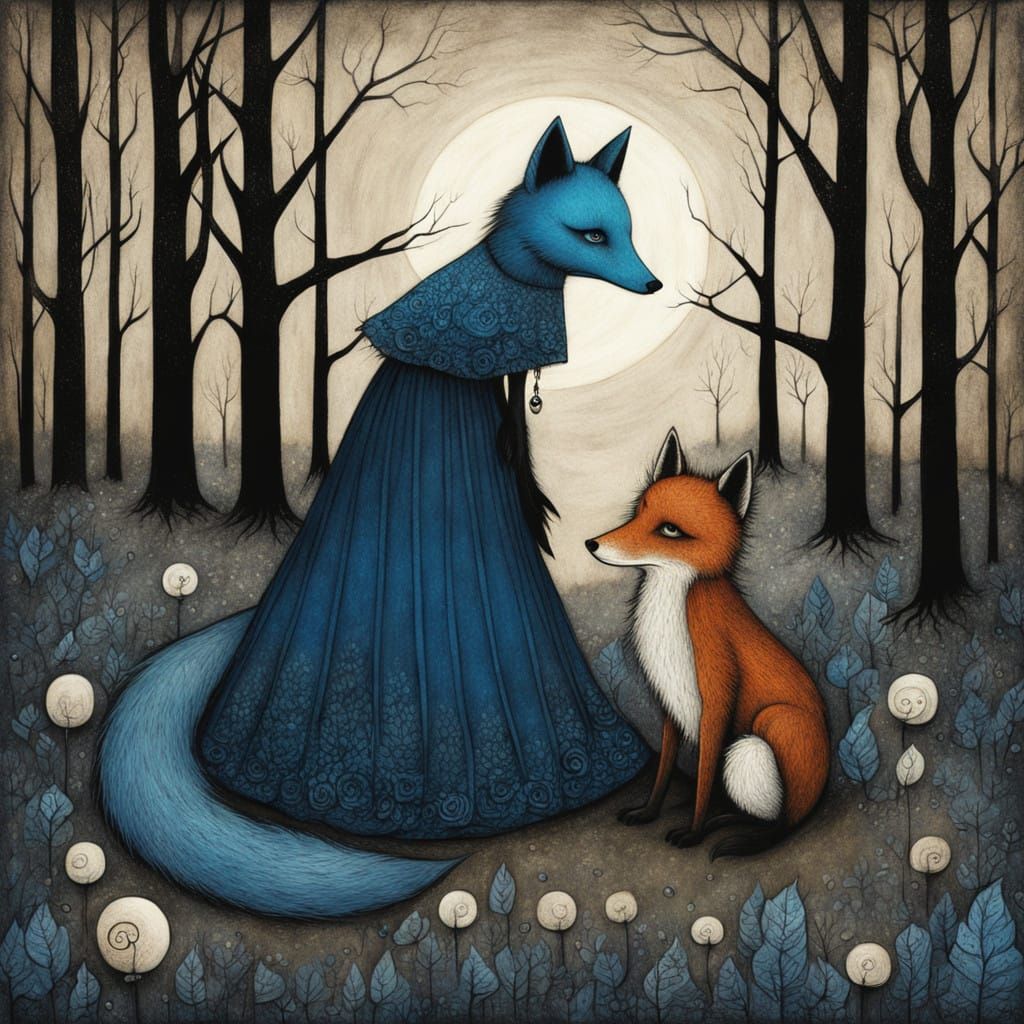 Mysterious Goth Girl Stands with her Faithful Blue Fox Compa...