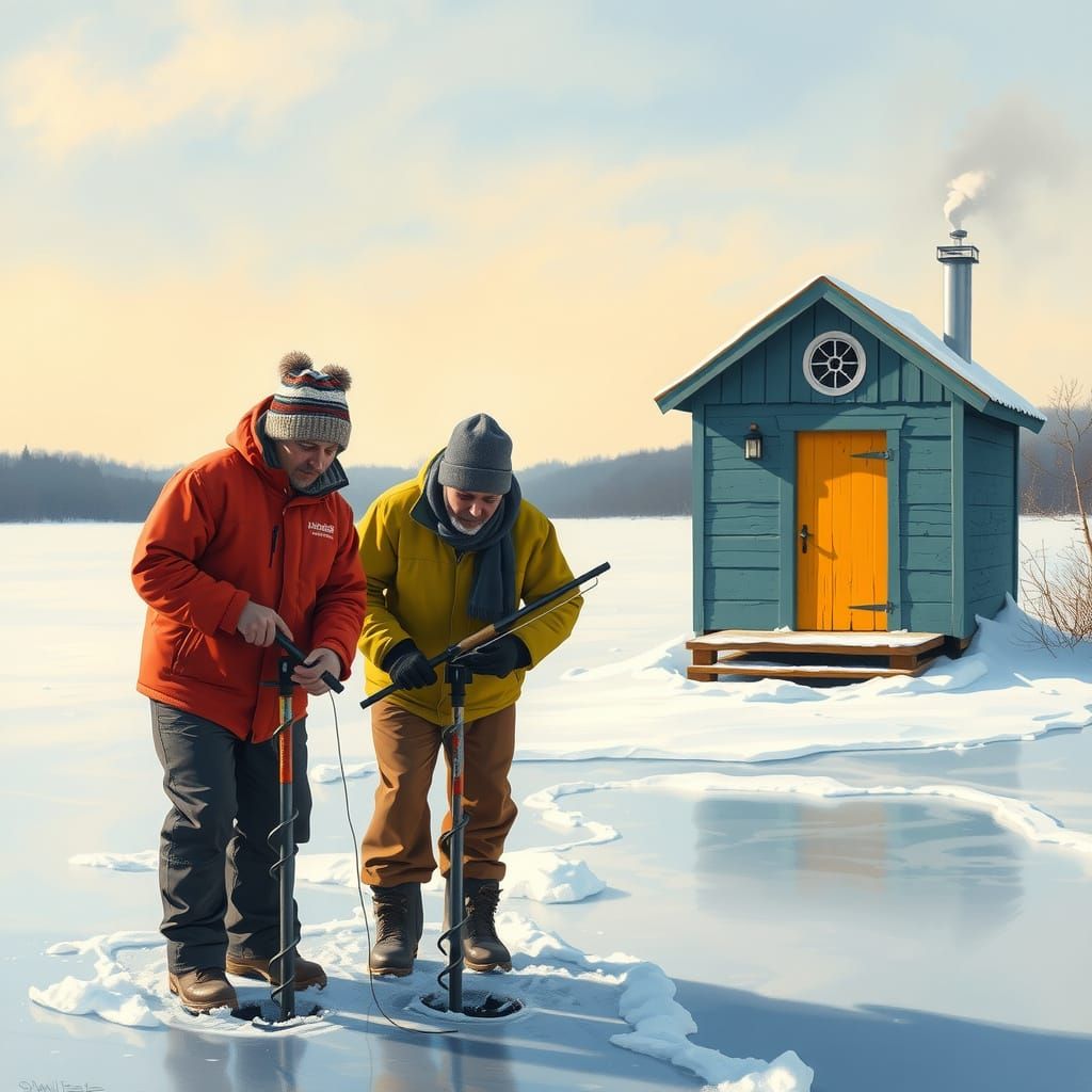 Vibrant Winter Scene of Ice Fishermen Drilling Holes in Froz...