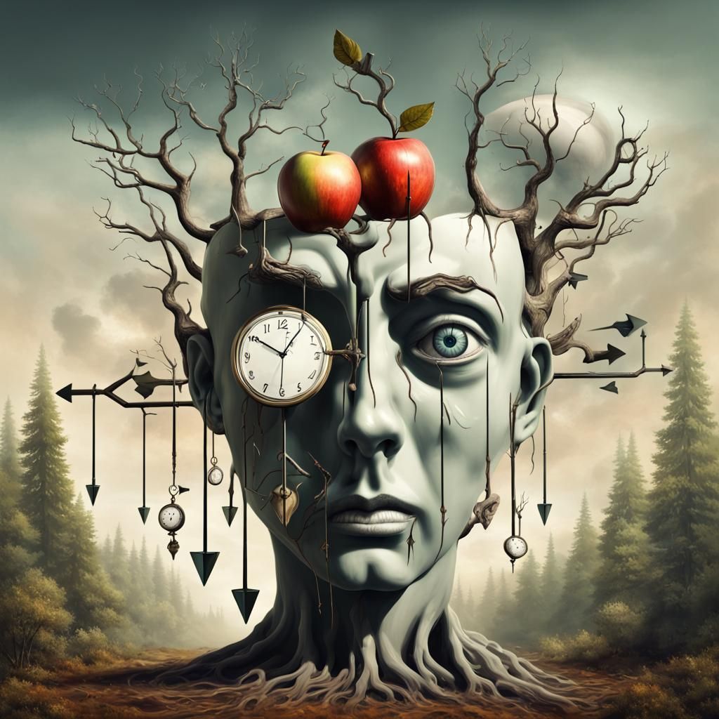 Surreal Forest Landscape with Melting Trees and Arrows