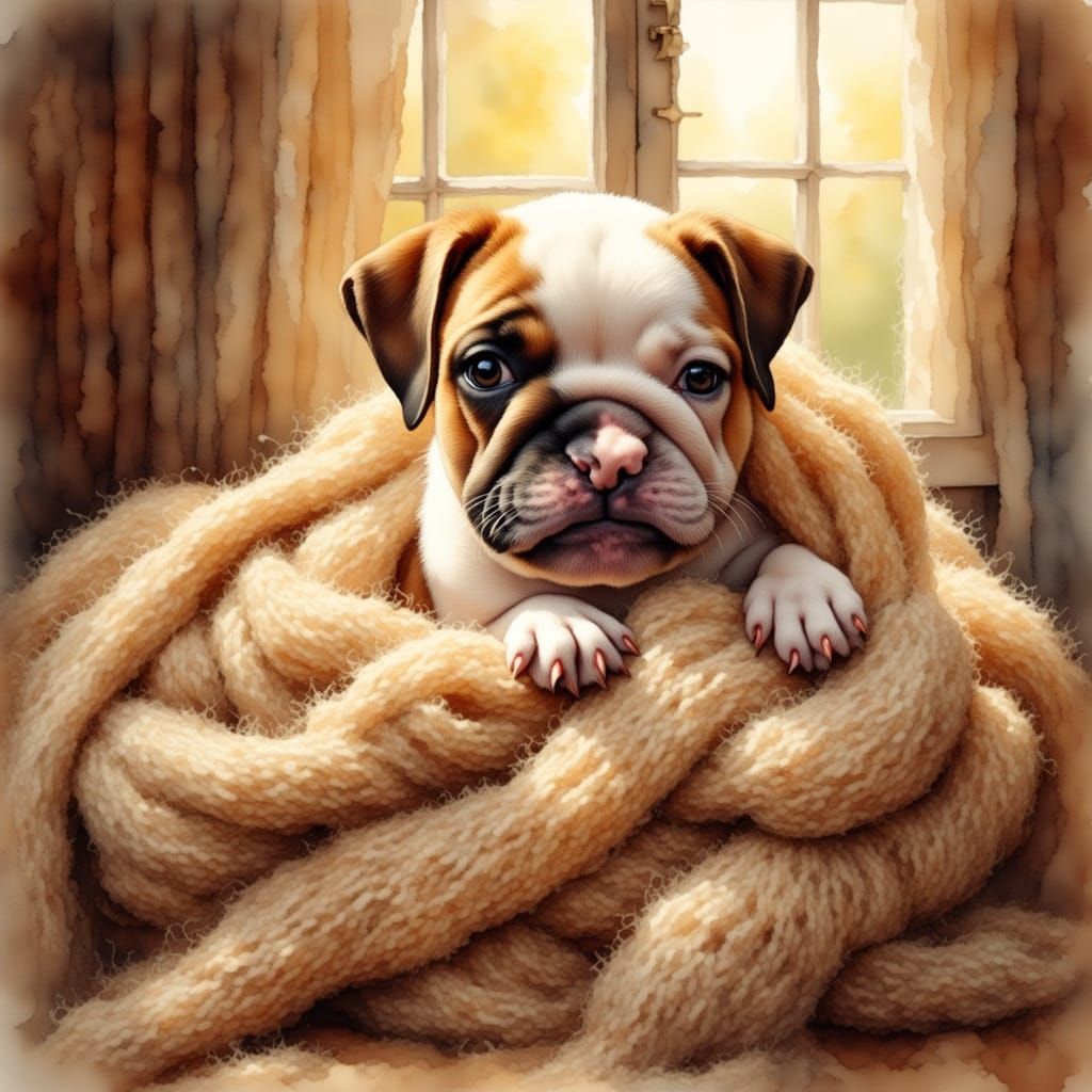 Adorable English Bulldog Puppy in Knitted Blanket
