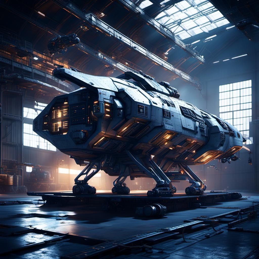 Industrial Sci-Fi Cargo Ship in Hangar: 3D Render