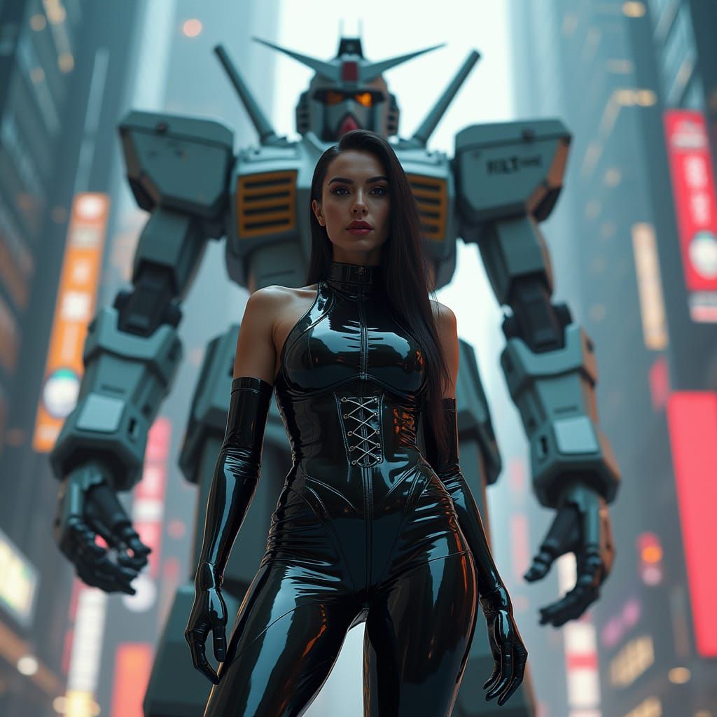 Sleek Woman in Latex Catsuit Amidst Futuristic City and Gund...
