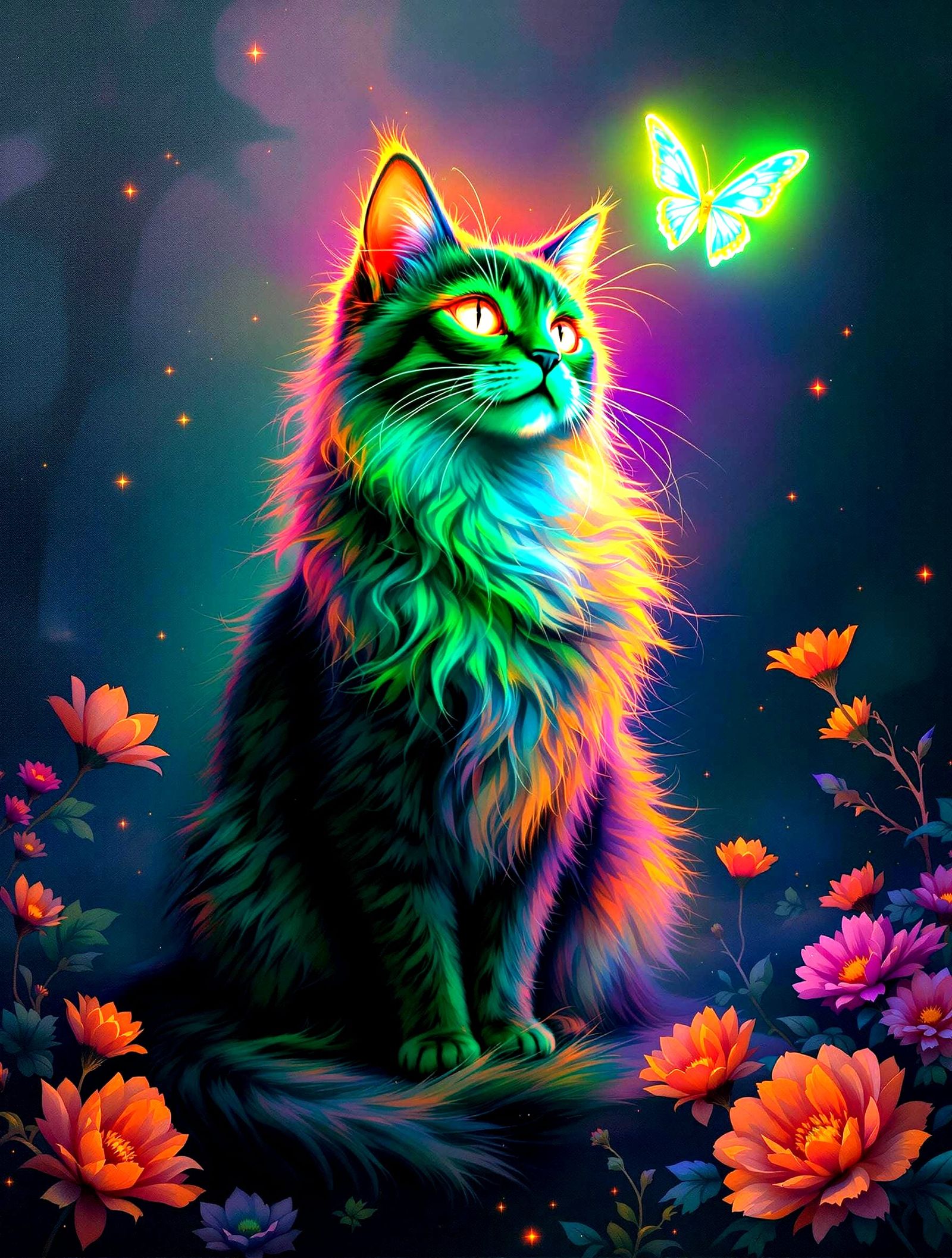Neon Cat with Butterfly: Digital Oil Painting