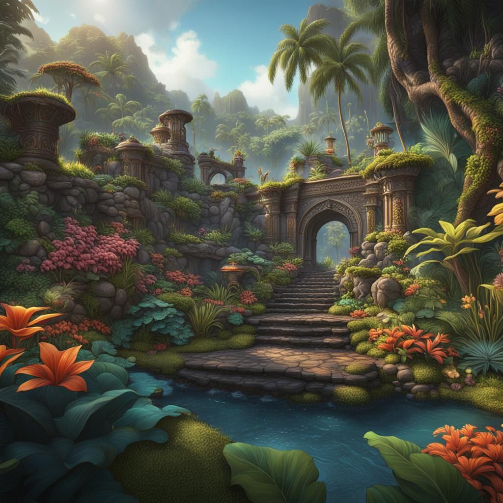 Lush Hawaiian Garden in Detailed Matte Painting