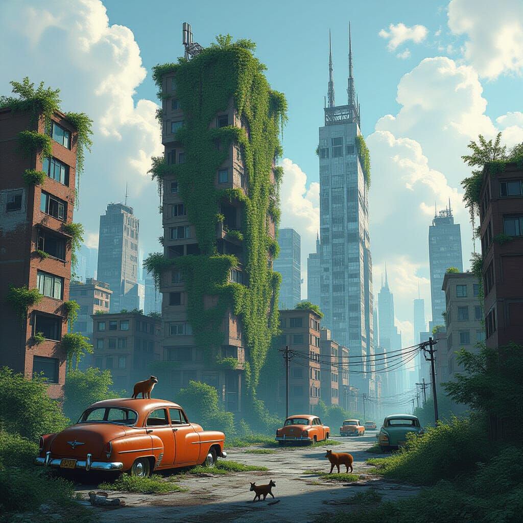 Wildlife in Abandoned City: Post-Apocalyptic Landscape