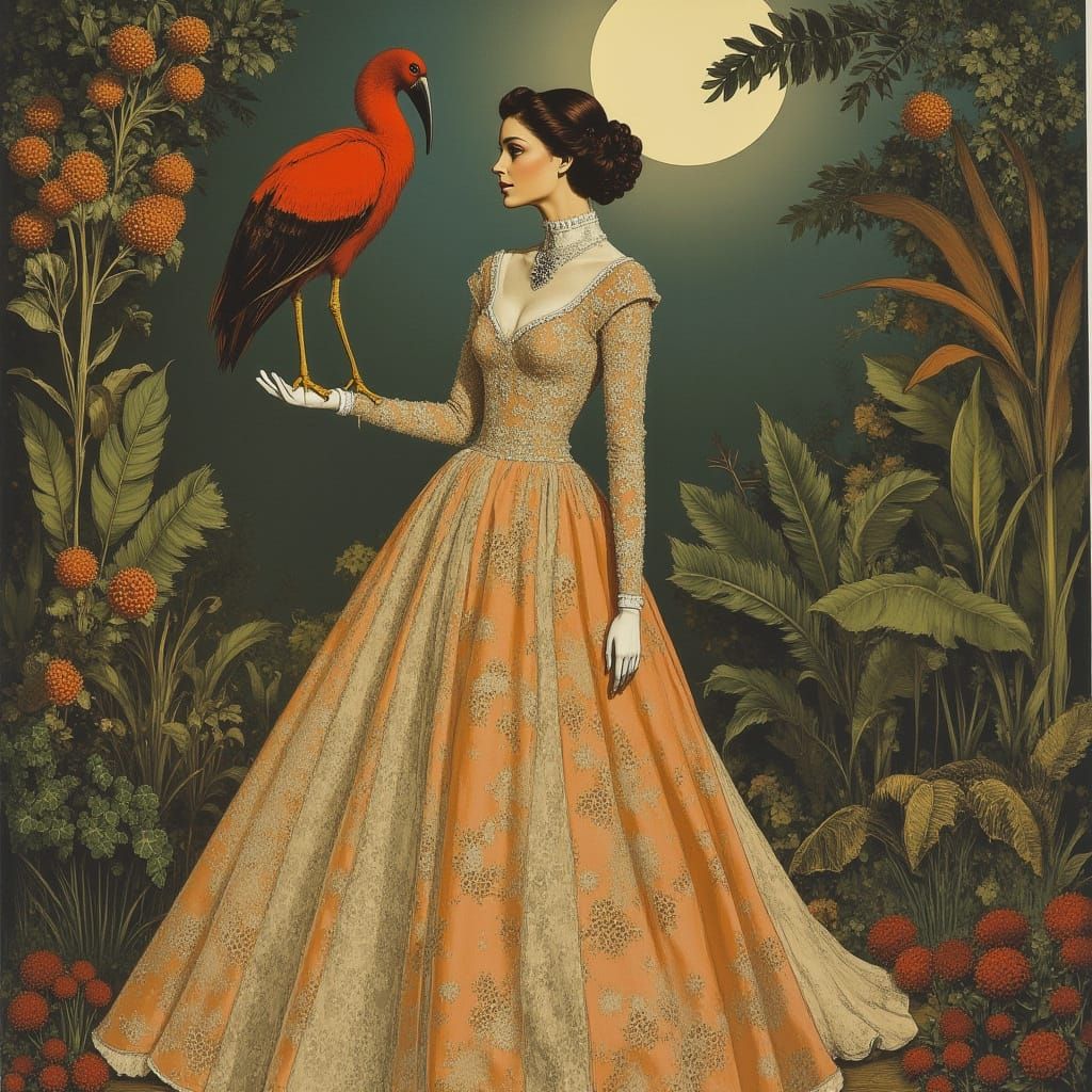 Ethereal Victorian Lady with Scarlet Ibis in a Pre-Raphaelit...