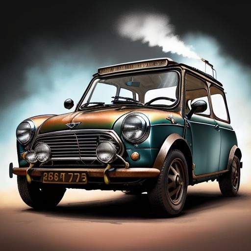 Steampunk Mini Leyland 70s Hyperrealistic Splash Art