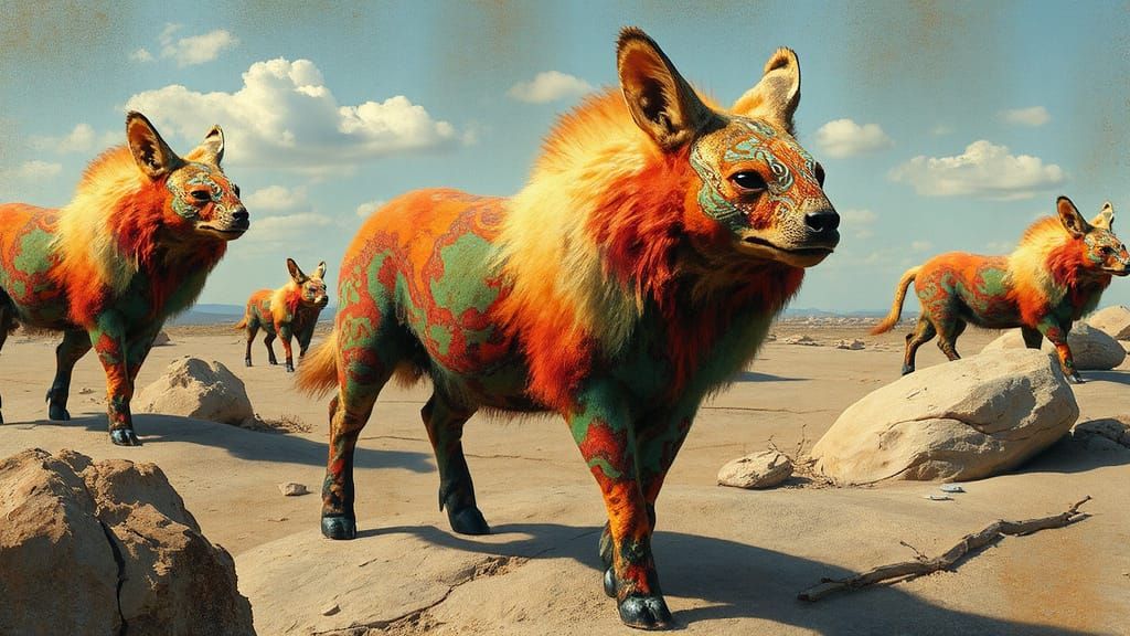 Surreal Animals in Abstract Landscape, Mixed Media Art