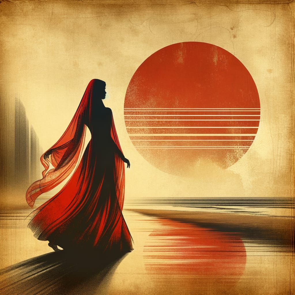 Elegant Woman in Red on Beach at Sunset