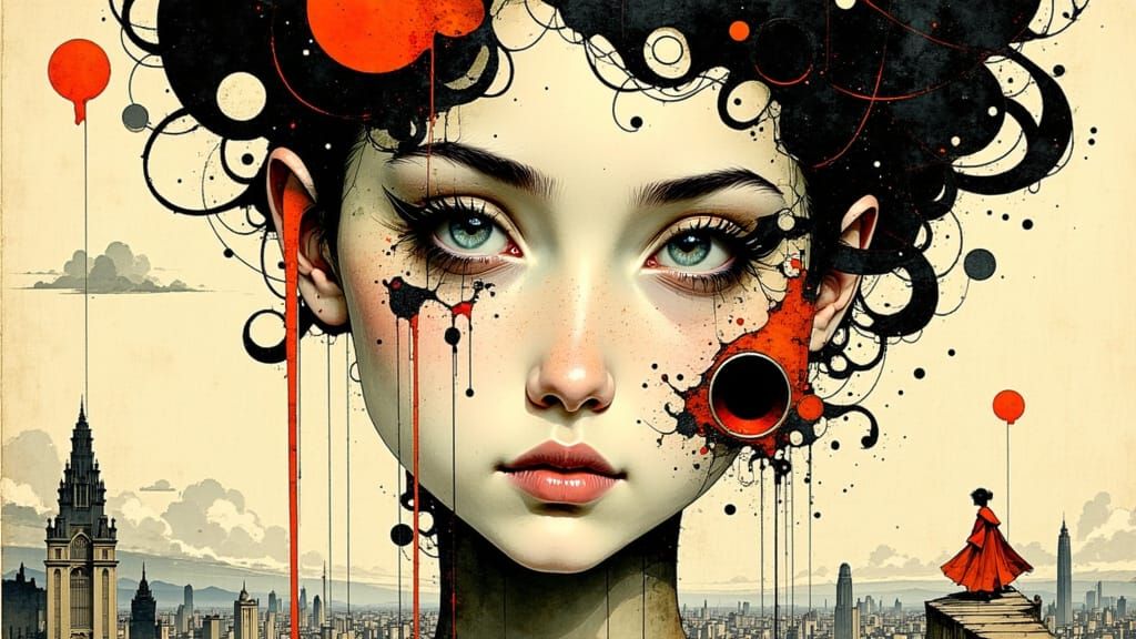 Surreal Face in Biopunk City: Art Nouveau Style