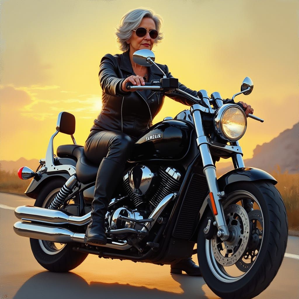 Youthful 65-Year-Old Woman on Yamaha Motorcycle