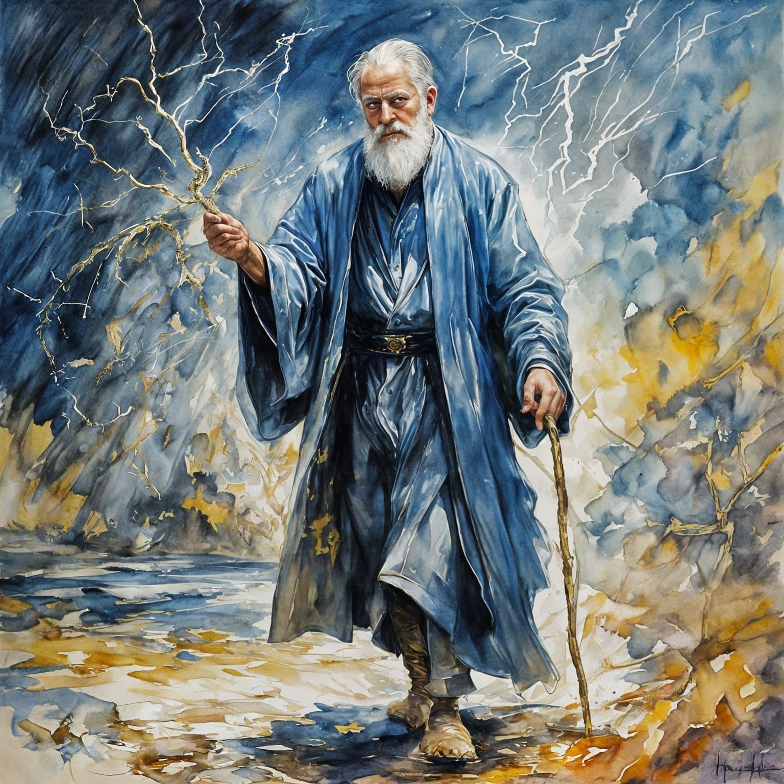 Sorcerer Casting Lightning Spell as Gouache Painting
