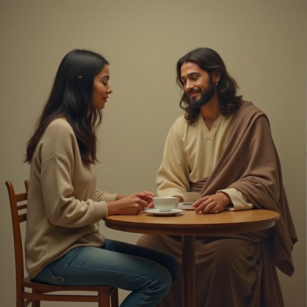 A Young Hispanic Woman and Jesus Christ in a Serene Beige Ro...