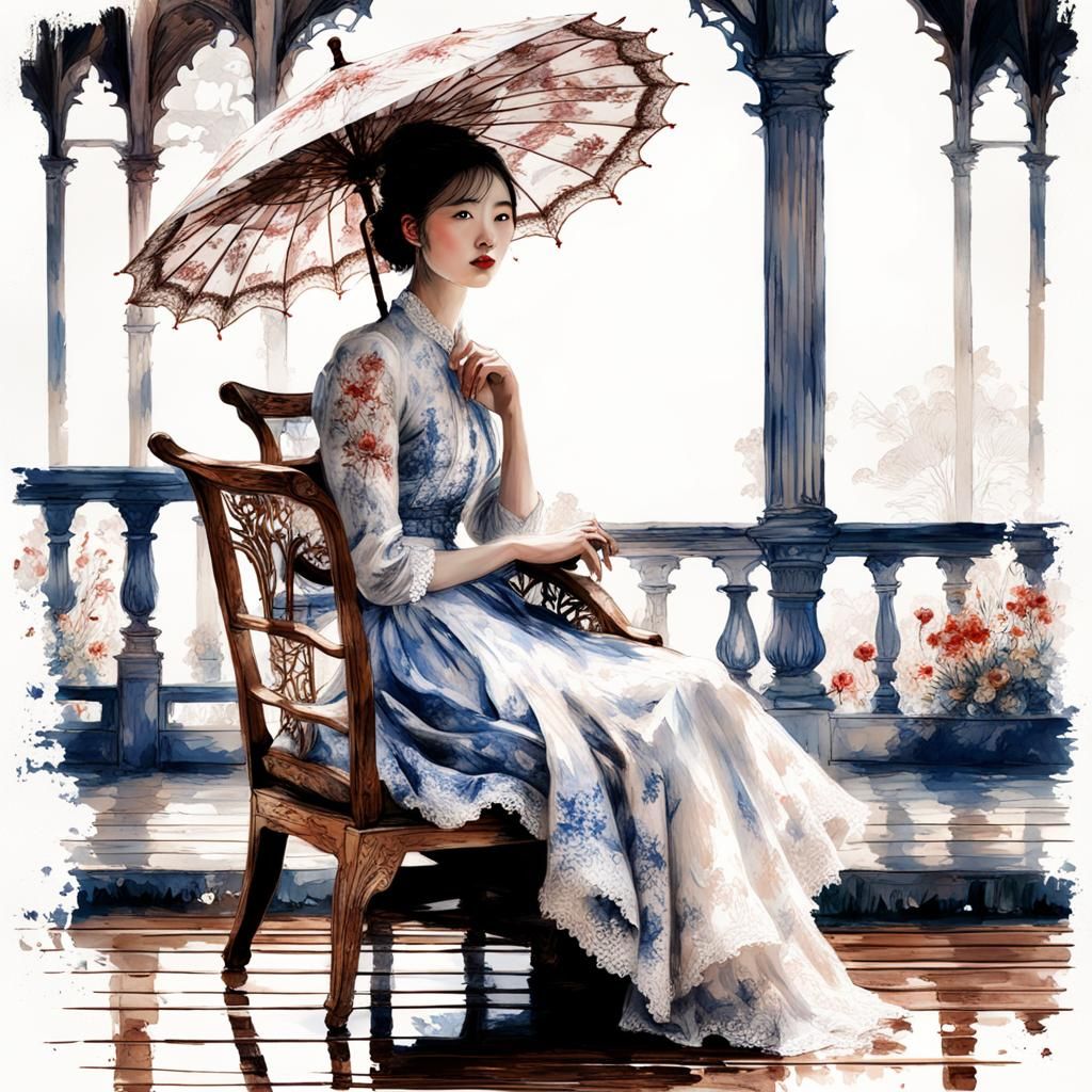 Girl on Veranda with Parasol in Watercolor Style