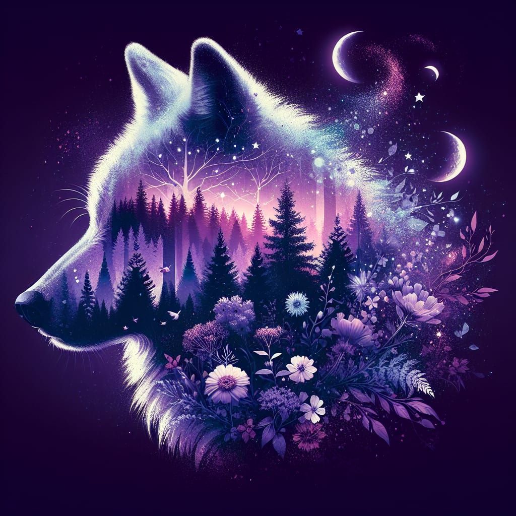Mystical Double Exposure Wolf with Forest and Flowers