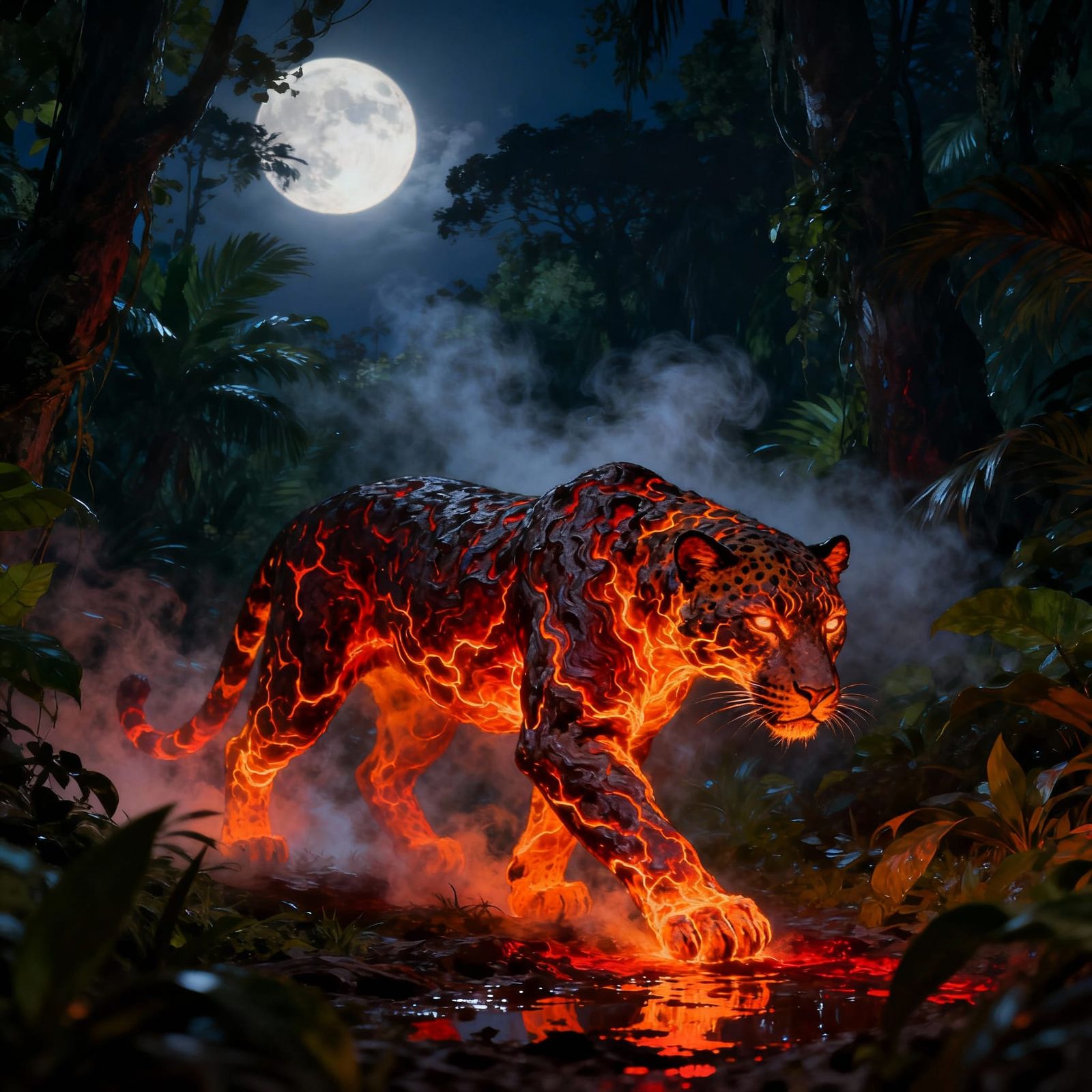 Molten Lava Leopard in Moonlit Jungle Digital Painting