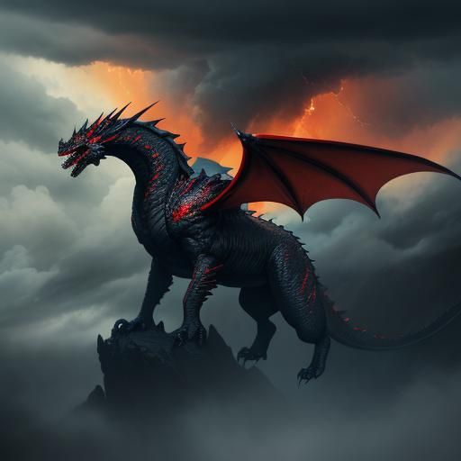Black Dragon Soaring Through Stormy Skies