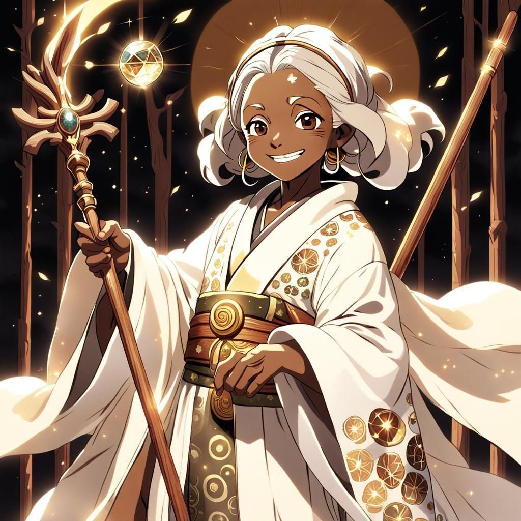 Smiling African Woman with Crystal Staff in Anime Style