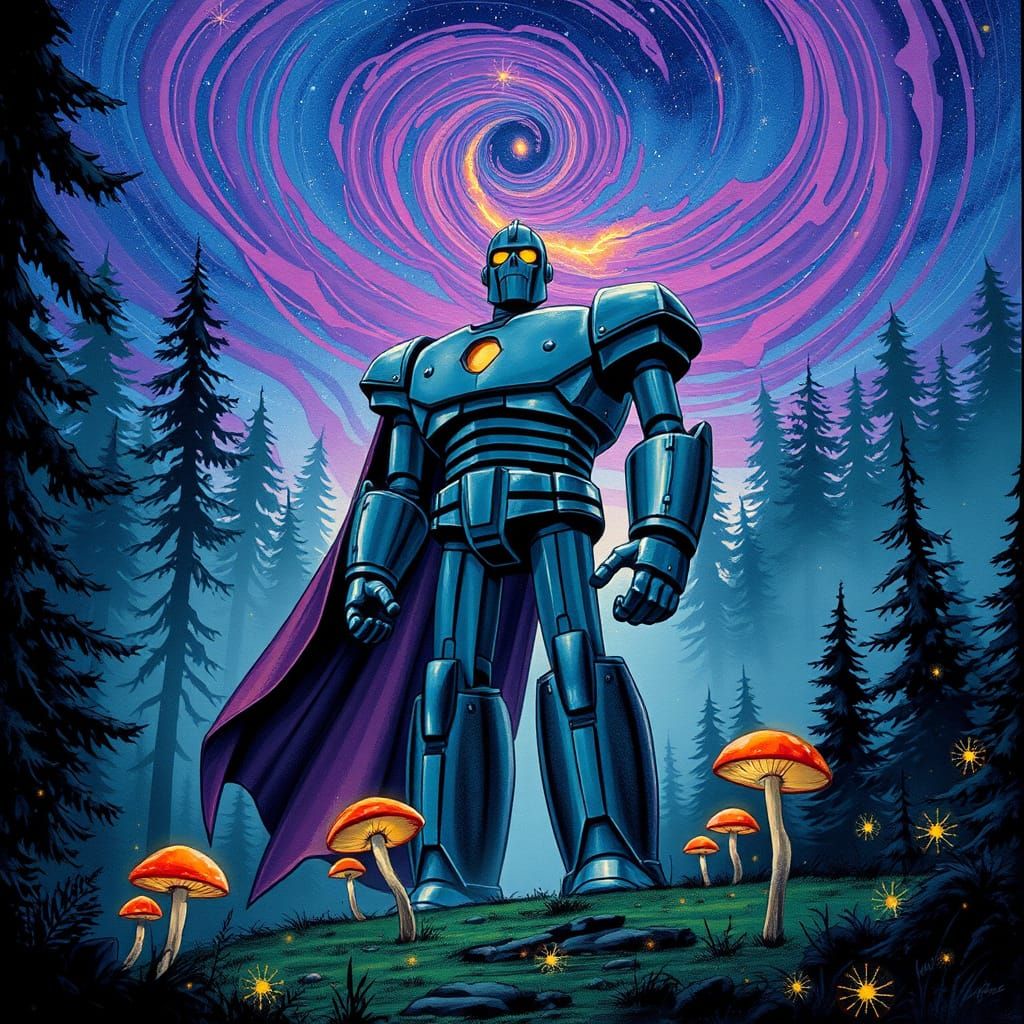Iron Giant in Psychedelic Forest Illustration