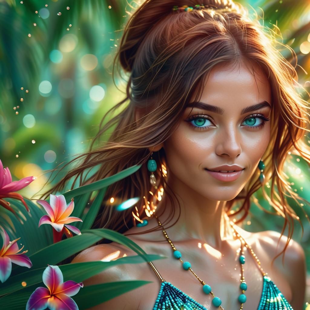 Tropical Portrait of Woman Dancing in Jungle