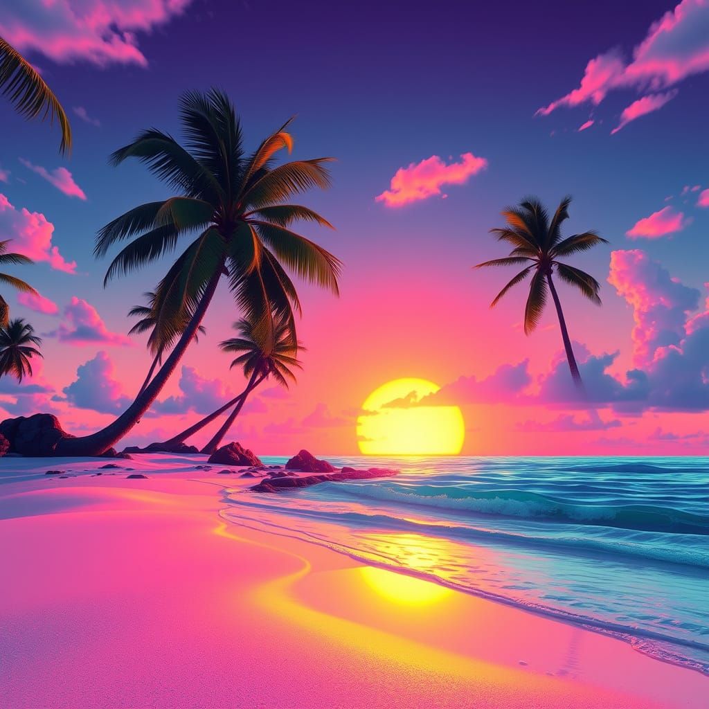 Synthwave Sunset on a Tropical Island Paradise