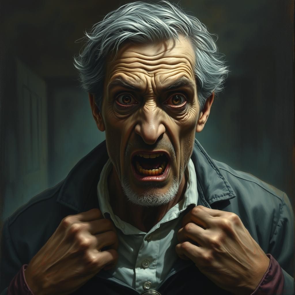 Madman in Asylum: A Hyperdetailed Horror Oil Painting