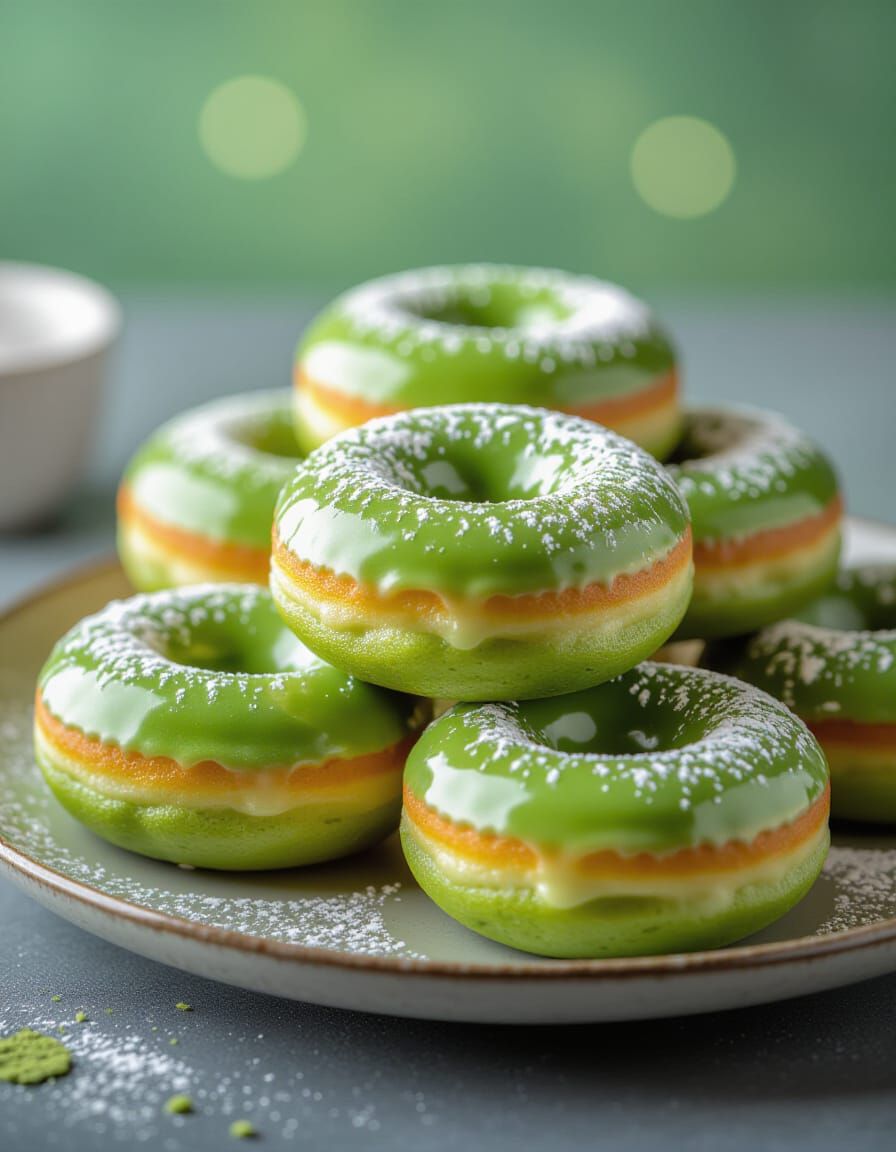 Matcha Green Tea Donuts on Ceramic Plate