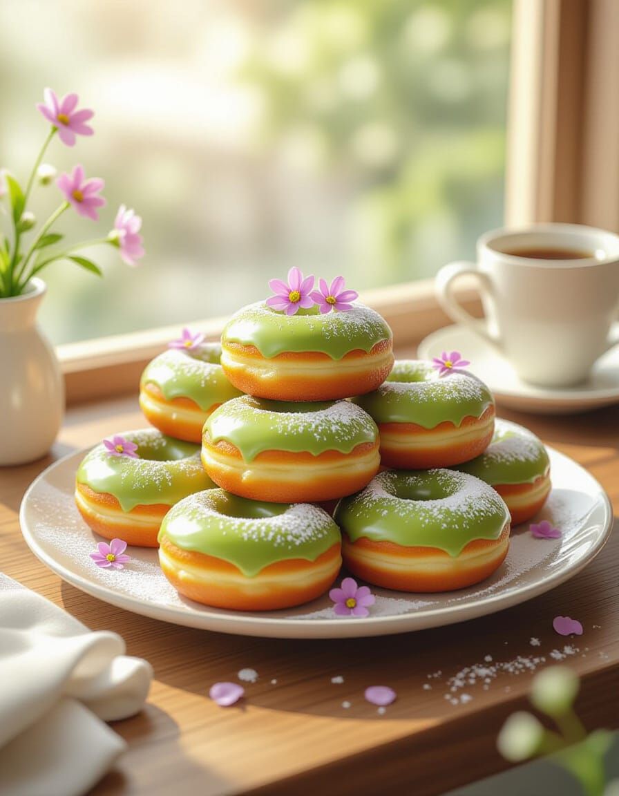 Delicious Matcha Donuts Dusted With Sugar and Flowers