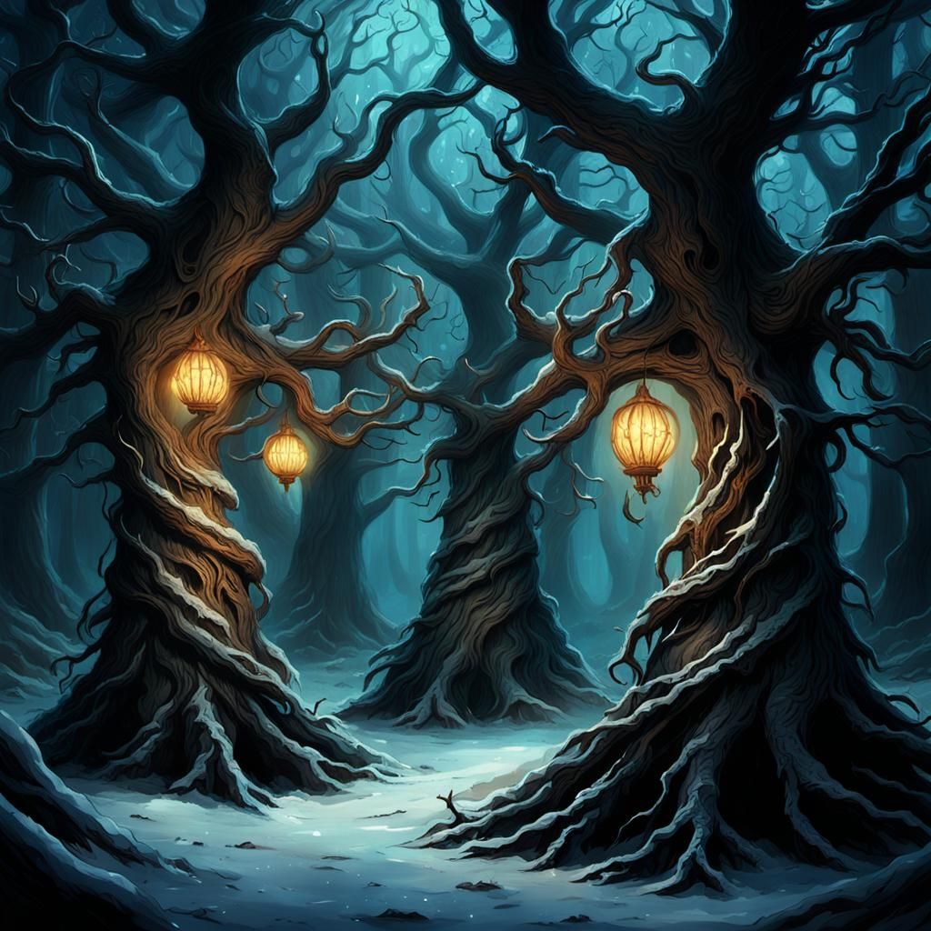 Ethereal Christmas Trees of the Mystic Forest in Dark Fantas...