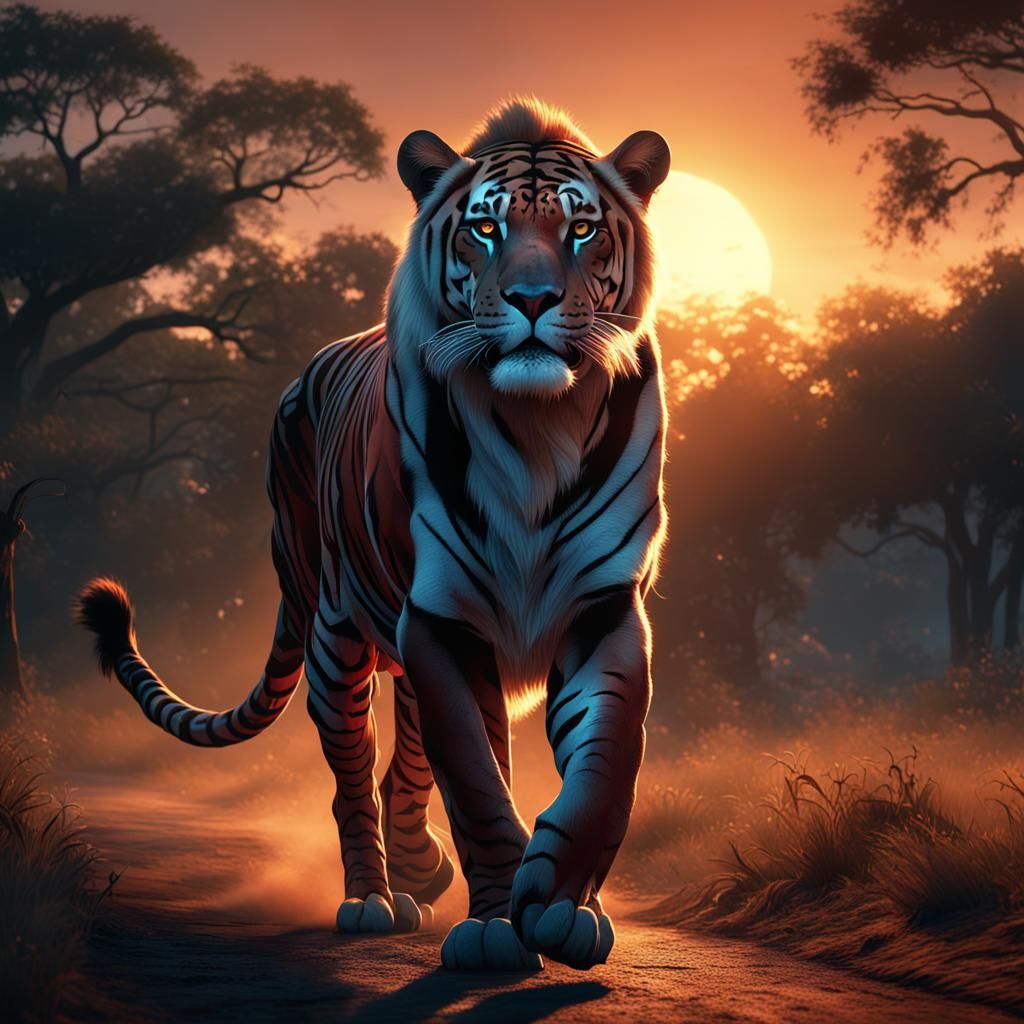 Photorealistic Beasts of Light in Cinematic Sunset